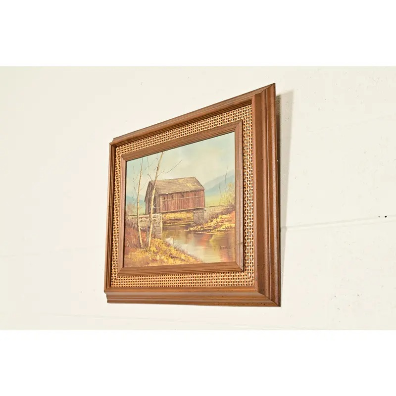 Original Artist Signed Oil Painting on Canvas Rural Landscape of "Covered Bridge" in Carved Walnut and Woven Rattan Frame - Image 3