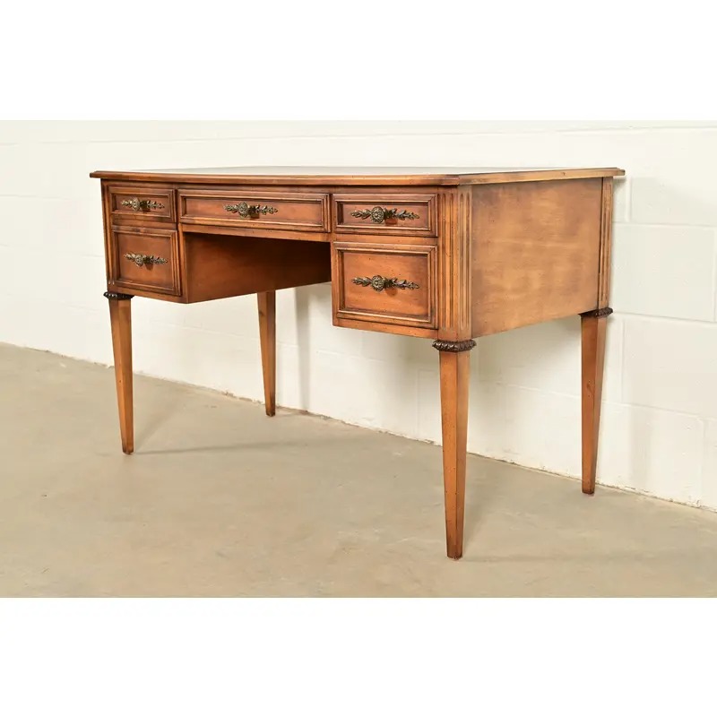 Sligh Furniture French Regency Louis XVI Carved Walnut Leather Top Writing Desk, Circa 1960s - Image 3