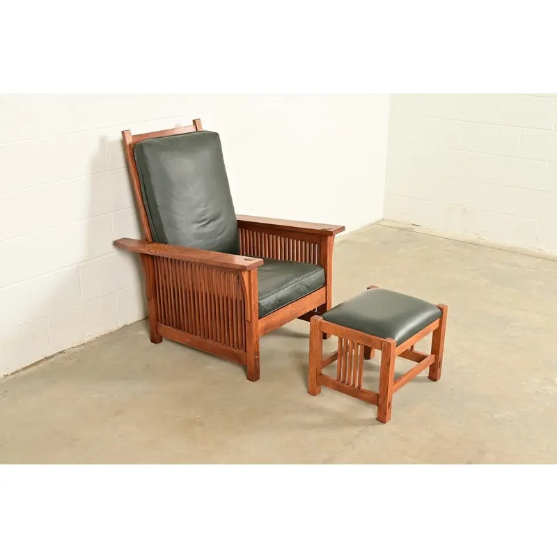 Stickley Mission Oak Arts & Crafts Reclining Morris Lounge Chair With Ottoman - Image 3