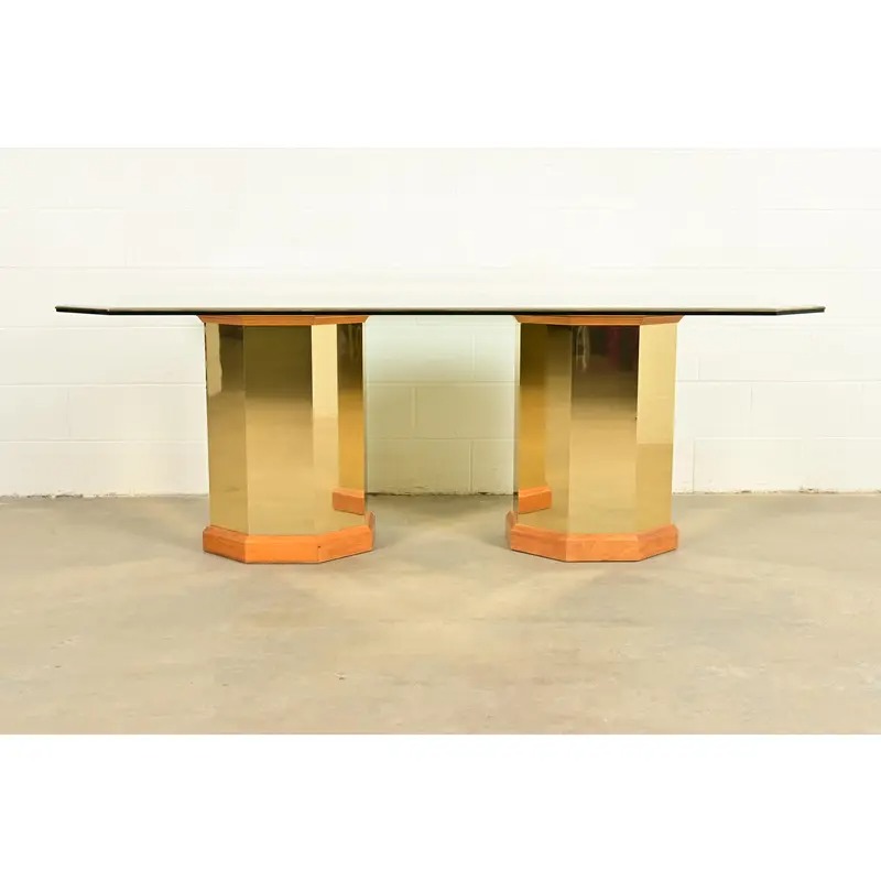 Thomasville Modern Art Deco Brass and Glass Double Pedestal Dining Table, Circa 1980s - Image 3