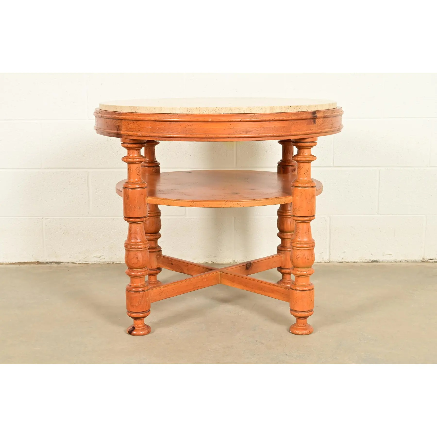 Baker Furniture Italian Provincial Pine and Travertine Top Tea Table or Center Table - Image 2