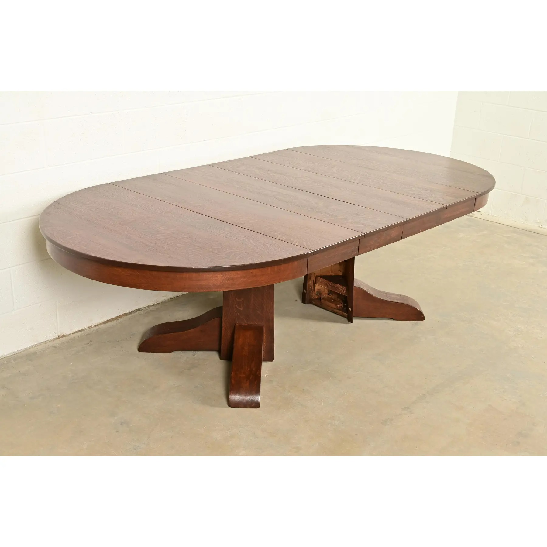 Gustav Stickley Style Antique Mission Oak Arts & Crafts Split Pedestal Extension Dining Table, Circa 1910 - Image 8