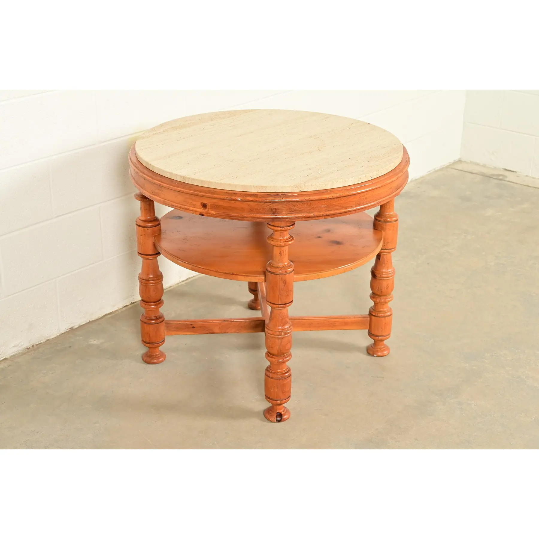 Baker Furniture Italian Provincial Pine and Travertine Top Tea Table or Center Table - Image 3