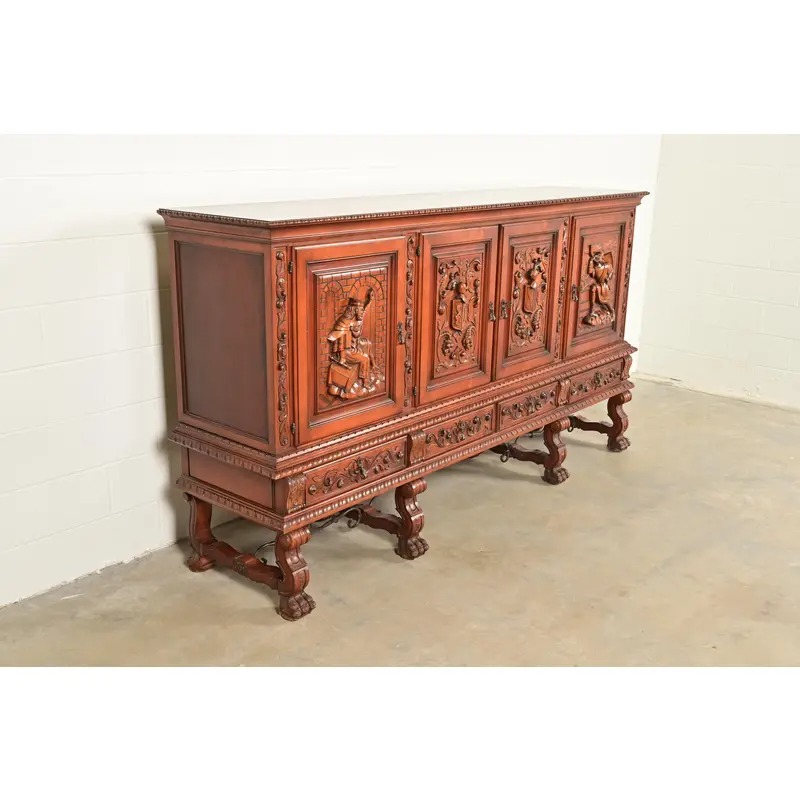 Antique Spanish Renaissance Revival Monumental Ornate Carved Walnut Sideboard or Bar Cabinet - Image 4