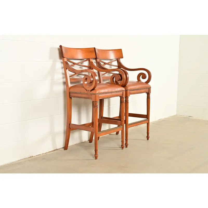 Baker Furniture English Regency Carved Walnut Bar Stools, Pair - Image 4