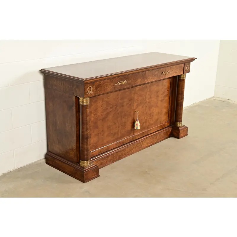 Baker Furniture Style French Empire Burl Wood Sideboard or Bar Cabinet With Mounted Ormolu - Image 4