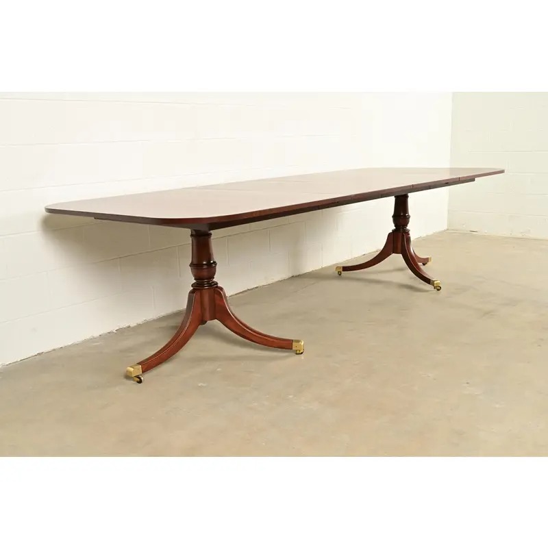 Baker Furniture Style Georgian Mahogany Double Pedestal Extension Dining Table, Newly Refinished - Image 4