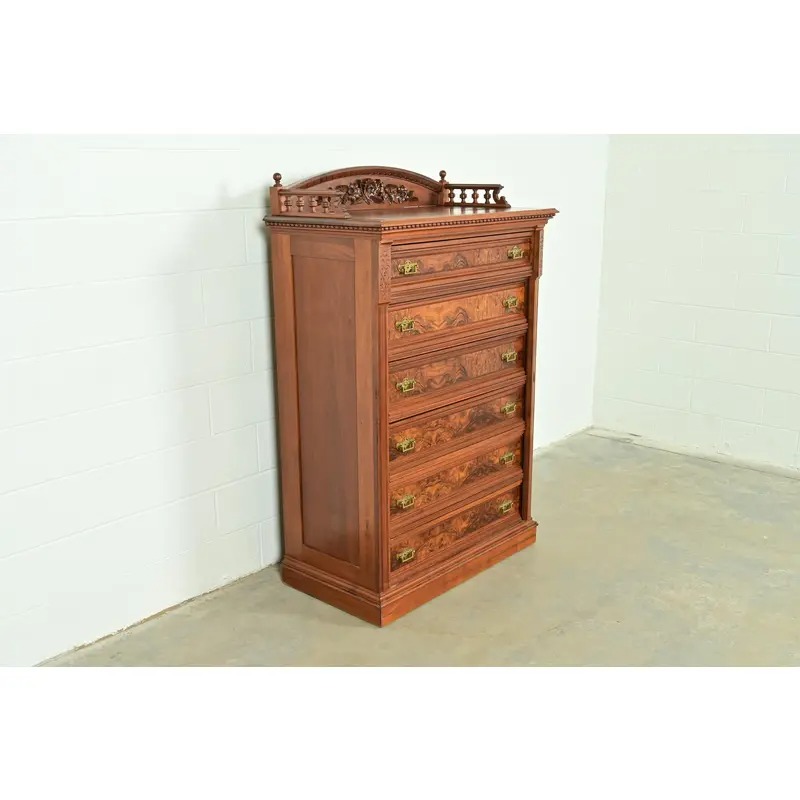 Herter Brothers Style Antique Eastlake Victorian Carved Walnut and Burl Wood Highboy Dresser, Circa 1880s - Image 4
