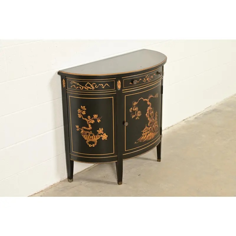 Imperial Furniture Grand Rapids French Regency Chinoiserie Black Lacquered Hand Painted Demilune Cabinet, Circa 1940s - Image 4