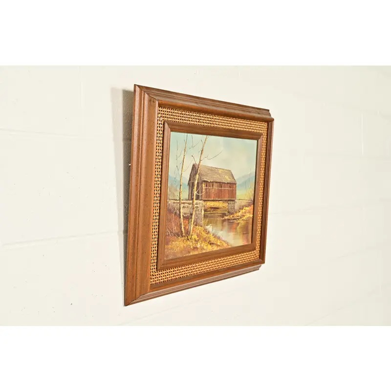 Original Artist Signed Oil Painting on Canvas Rural Landscape of "Covered Bridge" in Carved Walnut and Woven Rattan Frame - Image 4