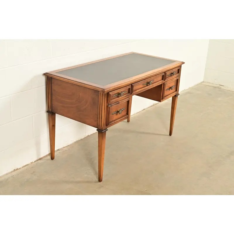Sligh Furniture French Regency Louis XVI Carved Walnut Leather Top Writing Desk, Circa 1960s - Image 4