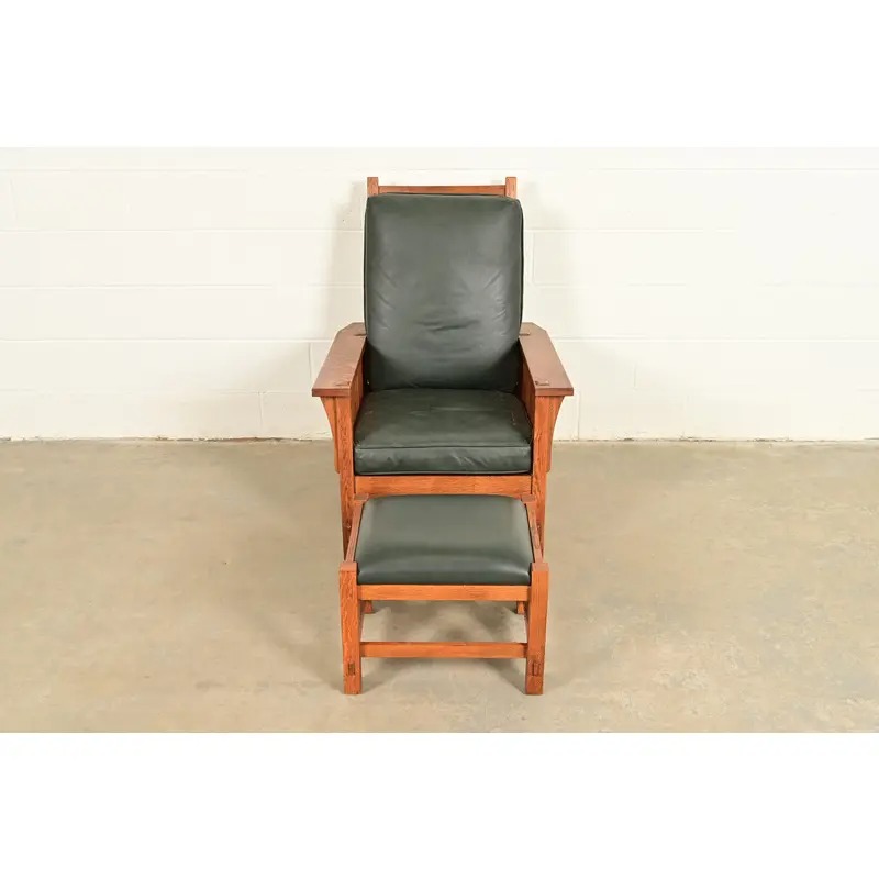 Stickley Mission Oak Arts & Crafts Reclining Morris Lounge Chair With Ottoman - Image 4