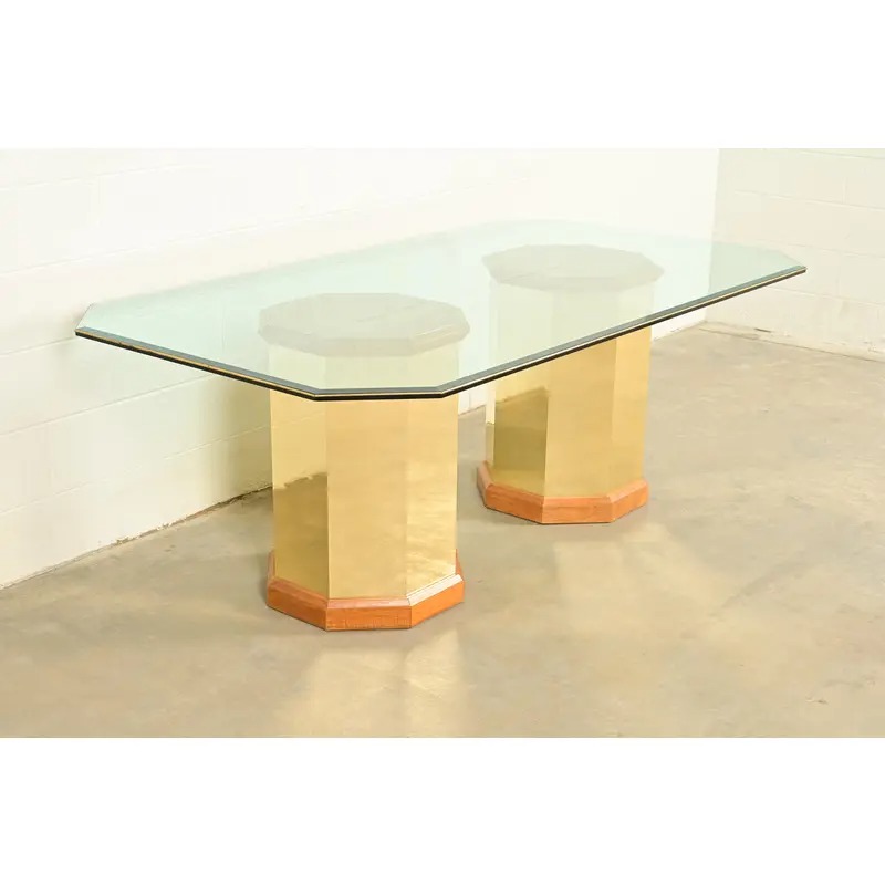 Thomasville Modern Art Deco Brass and Glass Double Pedestal Dining Table, Circa 1980s - Image 4