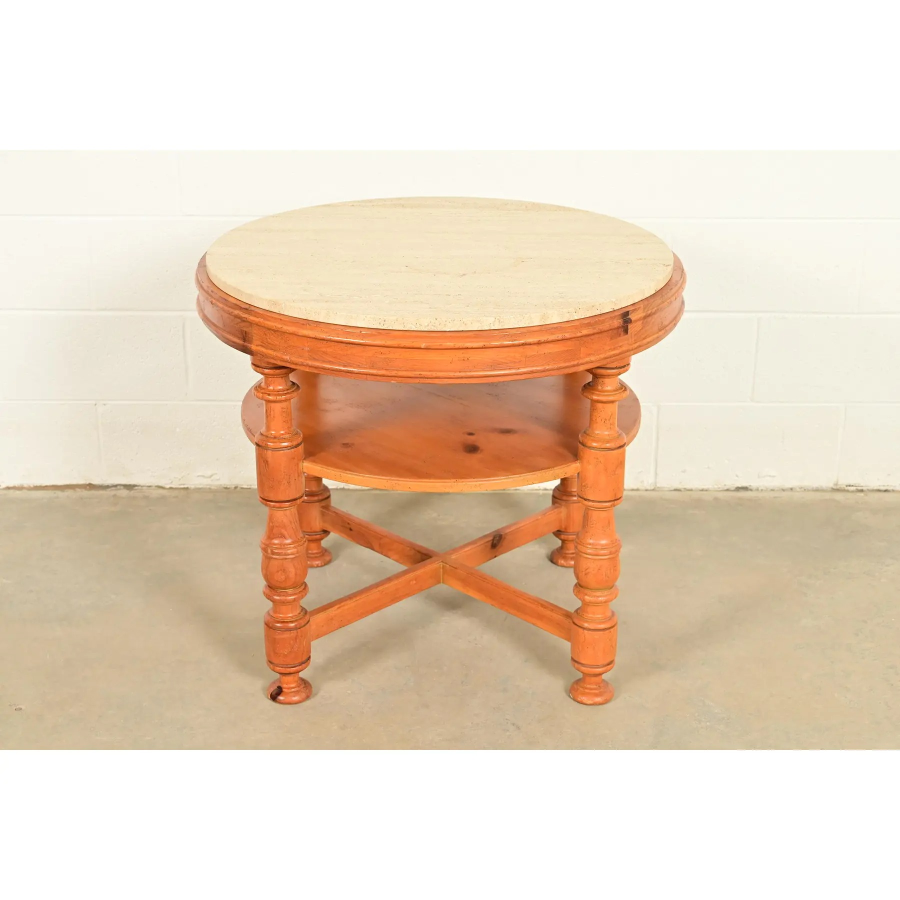 Baker Furniture Italian Provincial Pine and Travertine Top Tea Table or Center Table