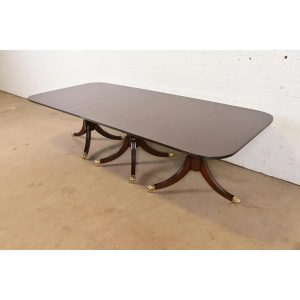 Baker Furniture Style English Georgian Mahogany Triple Pedestal Extension Dining Table, Newly Refinished