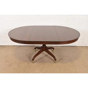 Baker Furniture Style Regency Banded Cherry Wood Pedestal Extension Dining Table, Newly Refinished