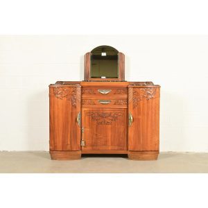 French Art Deco Carved Walnut Marble Top Sideboard or Bar Cabinet, Circa 1930s