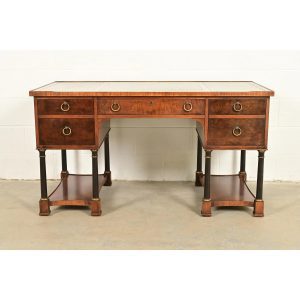 Hekman Furniture French Empire Burled Walnut Leather Top Desk, Circa 1960s