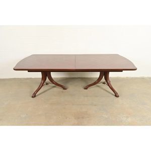 Italian Provincial Carved Cherry Wood and Inlaid Brass Double Pedestal Extension Dining Table by Emanuel Morez