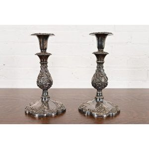 Sheffield Victorian Ornate Silverplate Candlesticks, Pair