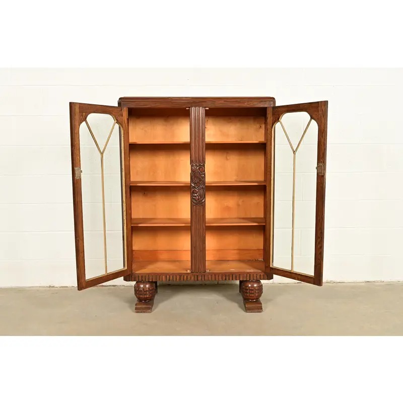 Antique English Art Deco Carved Oak Bookcase or Display Cabinet, Circa 1930s - Image 5