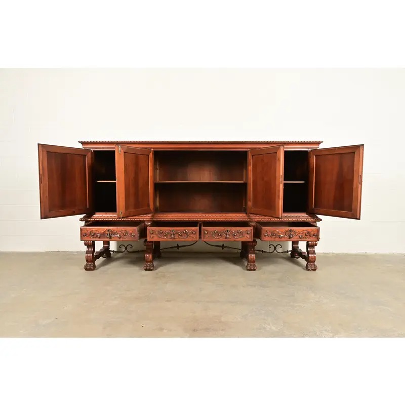 Antique Spanish Renaissance Revival Monumental Ornate Carved Walnut Sideboard or Bar Cabinet - Image 5