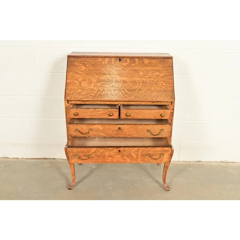 Berkey & Gay Style Antique Victorian Tiger Oak Slant Front Secretary Desk, Circa 1900 - Image 5