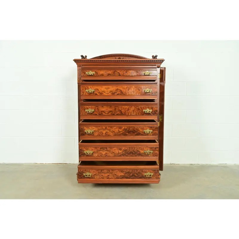 Herter Brothers Style Antique Eastlake Victorian Carved Walnut and Burl Wood Highboy Dresser, Circa 1880s - Image 5