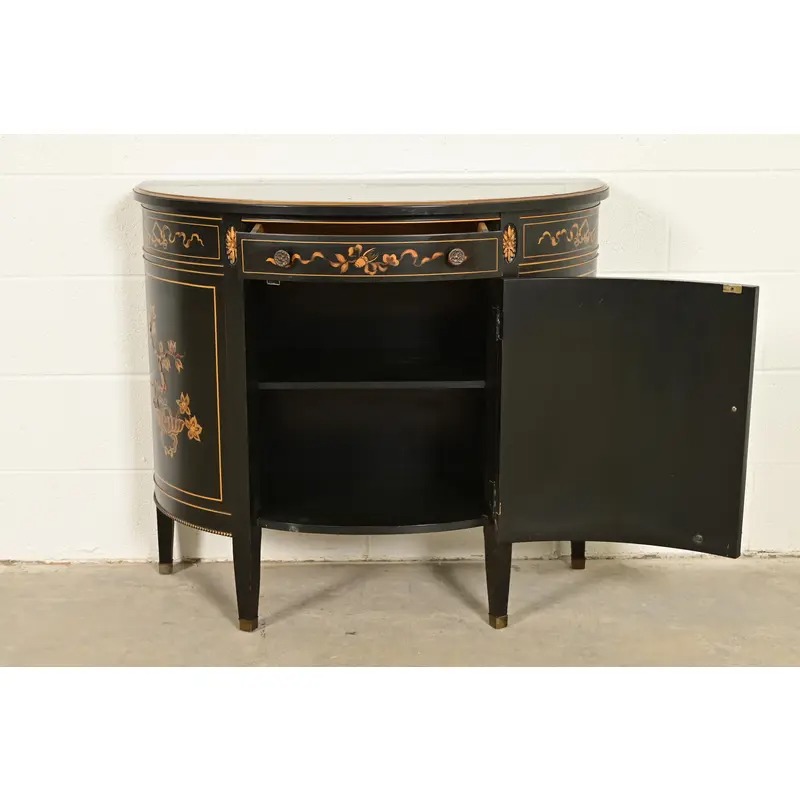 Imperial Furniture Grand Rapids French Regency Chinoiserie Black Lacquered Hand Painted Demilune Cabinet, Circa 1940s - Image 5