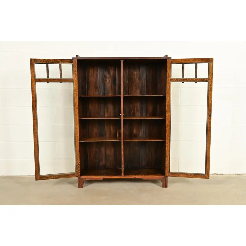 Limbert Style Antique Mission Oak Arts & Crafts Glass Front Bookcase Cabinet, Circa 1910 - Image 5