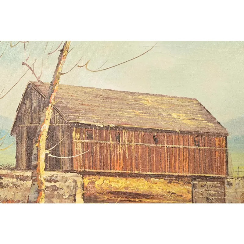 Original Artist Signed Oil Painting on Canvas Rural Landscape of "Covered Bridge" in Carved Walnut and Woven Rattan Frame - Image 5