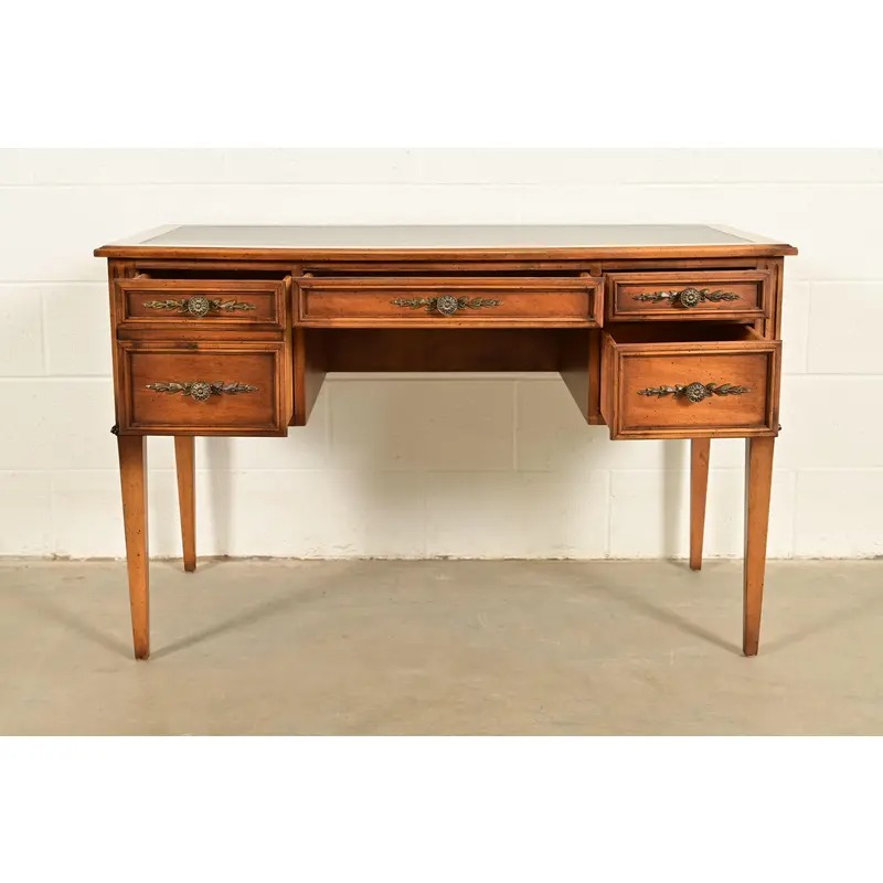 Sligh Furniture French Regency Louis XVI Carved Walnut Leather Top Writing Desk, Circa 1960s - Image 5