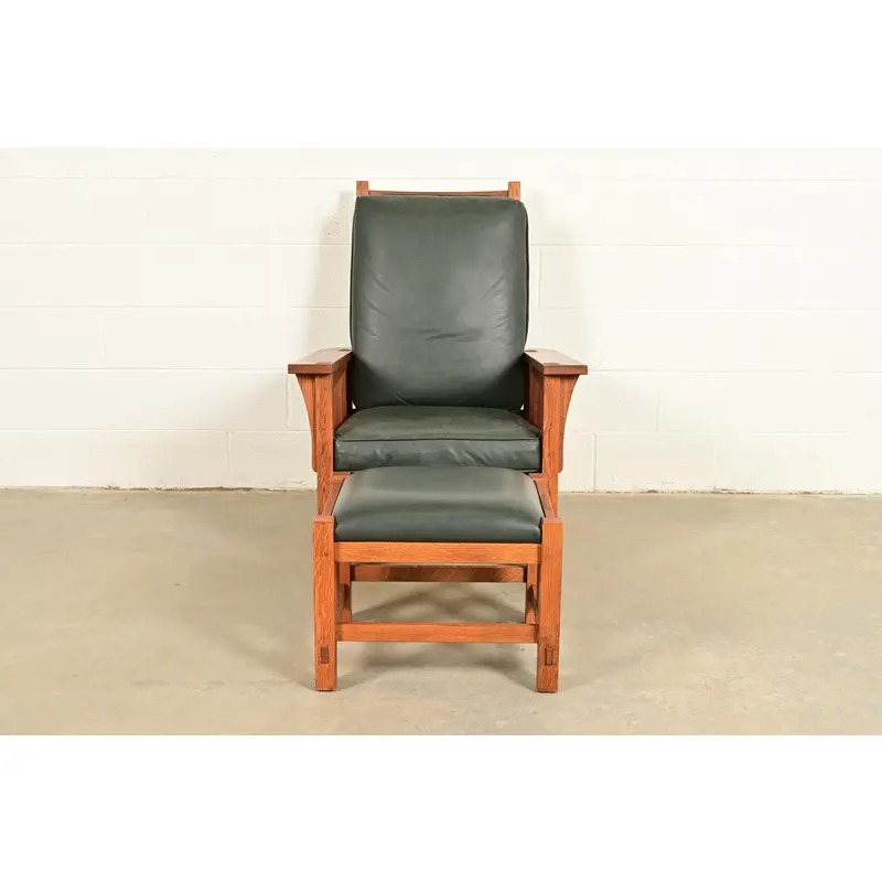 Stickley Mission Oak Arts & Crafts Reclining Morris Lounge Chair With Ottoman - Image 5