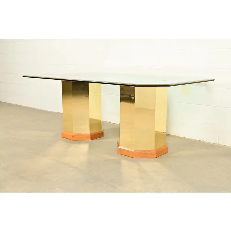 Thomasville Modern Art Deco Brass and Glass Double Pedestal Dining Table, Circa 1980s - Image 5