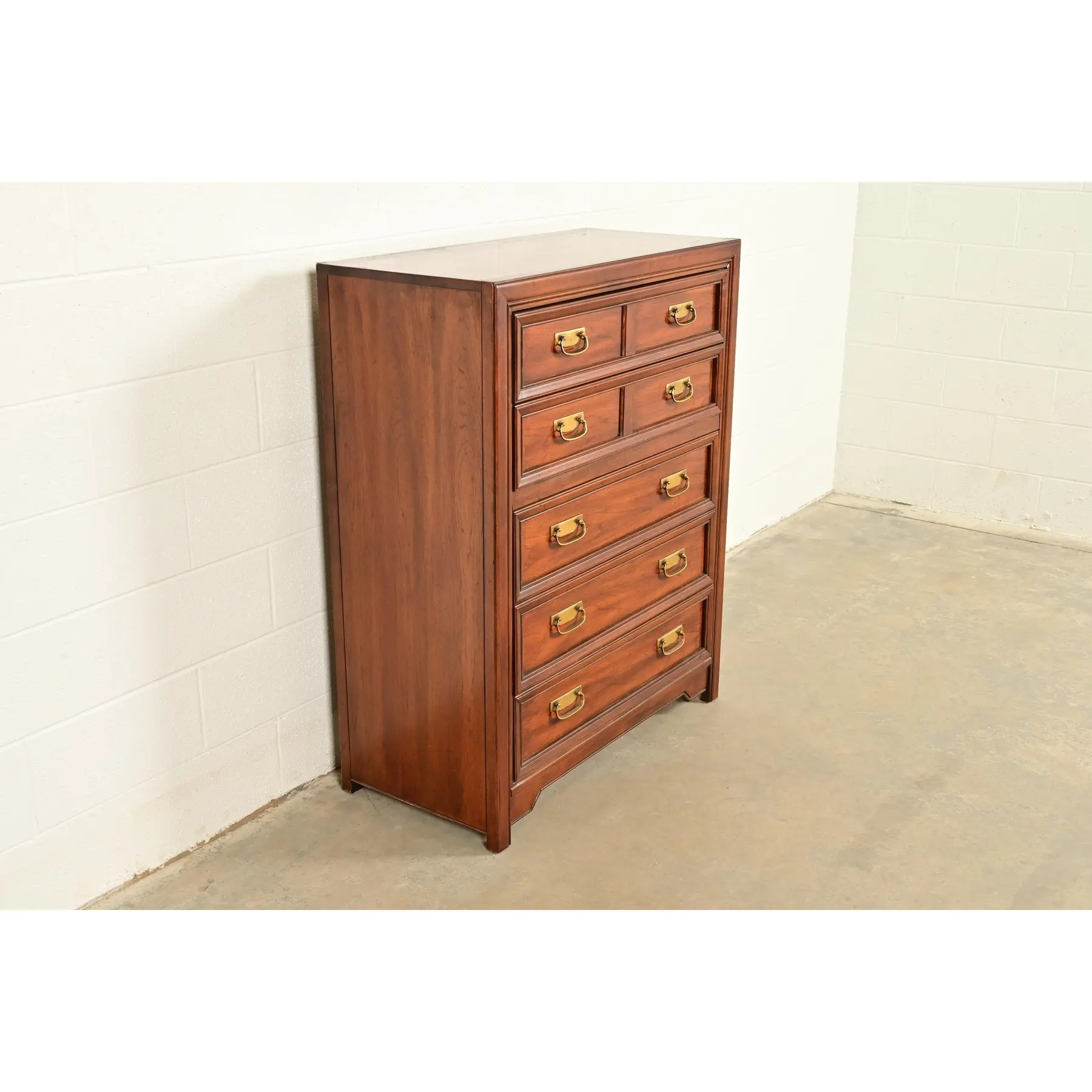 Thomasville Mid-Century Modern Hollywood Regency Campaign Walnut Highboy Dresser, 1970s - Image 4