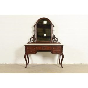 Alexander Roux Antique French Rococo Carved Mahogany and Marble Top Vanity Dressing Table With Mirror, Newly Refinished