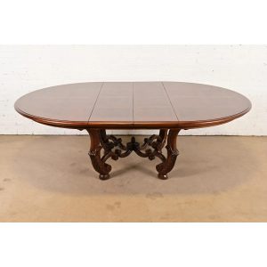 Henredon Italian Provincial Carved Walnut and Burl Wood Pedestal Extension Dining Table, Newly Refinished