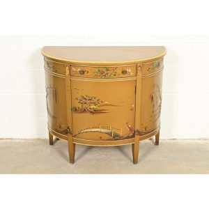 Imperial Furniture Regency Chinoiserie Gold Lacquered Hand Painted Demilune Console or Bar Cabinet, Circa 1940s