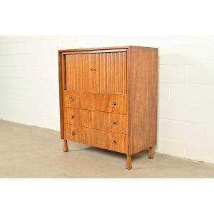 John Widdicomb Mid-Century Modern Sculpted Walnut Tambour Door Gentleman's Chest, 1960s