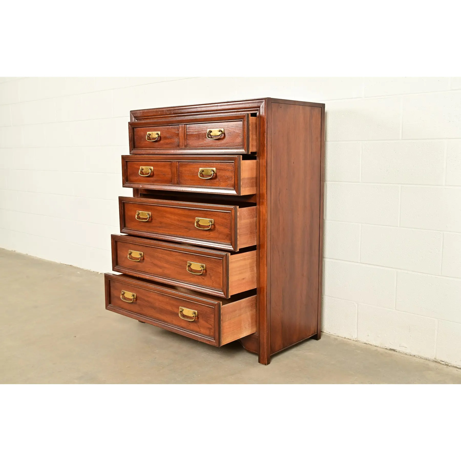 Thomasville Mid-Century Modern Hollywood Regency Campaign Walnut Highboy Dresser, 1970s - Image 6