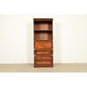 Henredon Style Mid-Century Modern Hollywood Regency Campaign Burled Walnut Bookcase With Drop Front Secretary Desk, Circa 1970s