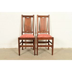Gustav Stickley Antique Mission Oak Arts & Crafts H-Back Side Chairs or Dining Chairs, Pair