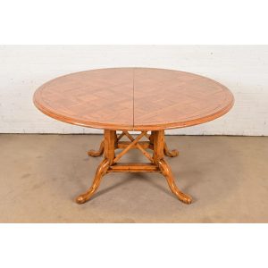Guy Chaddock English Country Rustic Oak Pedestal Extension Dining Table With Patchwork Parquet Top, Newly Refinished