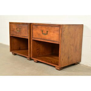 Henredon Mid-Century Modern Campaign Oak Nightstands, Pair