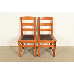 Limbert Antique Mission Oak Arts & Crafts Ladder Back Dining Chairs, Pair