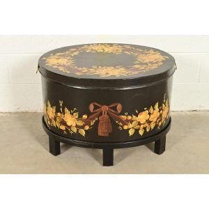 Maitland Smith Neoclassical Hand-Painted Black Lacquered Oval Toleware Box or Chest on Stand