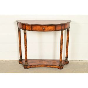 Maitland Smith Style French Empire Burl Wood and Gold Gilt Demilune Console Table