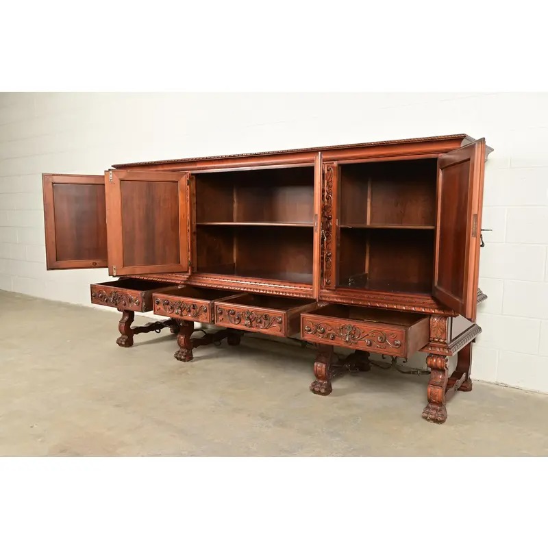 Antique Spanish Renaissance Revival Monumental Ornate Carved Walnut Sideboard or Bar Cabinet - Image 6