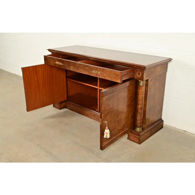 Baker Furniture Style French Empire Burl Wood Sideboard or Bar Cabinet With Mounted Ormolu - Image 6