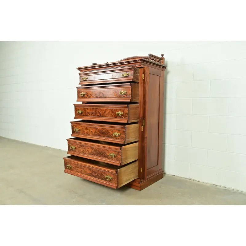 Herter Brothers Style Antique Eastlake Victorian Carved Walnut and Burl Wood Highboy Dresser, Circa 1880s - Image 6